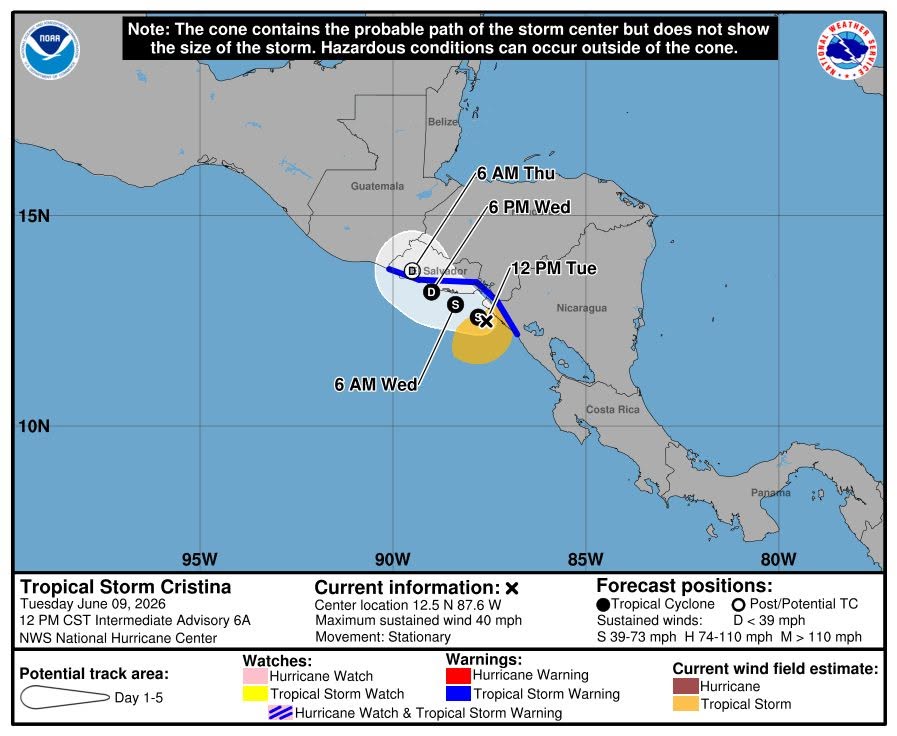 Tormenta Tropical Cristina se desplaza con rumbo hacia El Salvador
